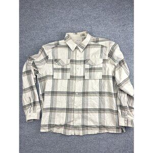 Mountain Shirt Mens XXL Beige Gray Plaid Button Up Long Sleeve Pockets Cotton‎